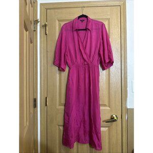 Massimo Dutti XS Pink 100% Cupro Wrap Midi Dress Collared 3/4 Sleeve Lightweight
